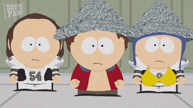 three south park characters are standing in front of a south park sign