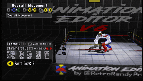 a video game called animation editor v6 shows two wrestlers fighting in a ring