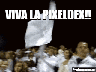 a group of people holding a white flag with the words viva la pixeldex written on the bottom