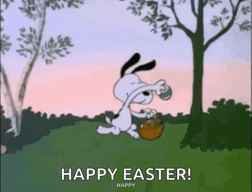 snoopy is holding an easter egg in his hand while holding a basket .