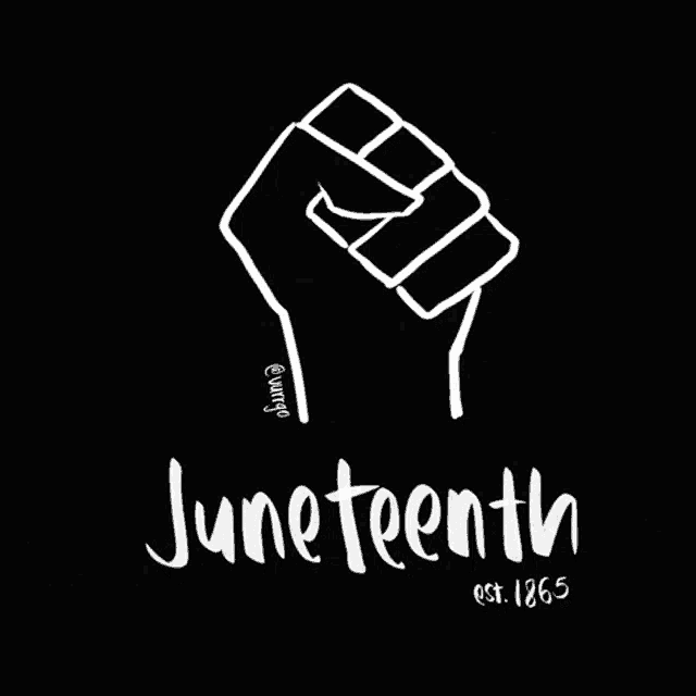 a black and white drawing of a fist and the words juneteenth