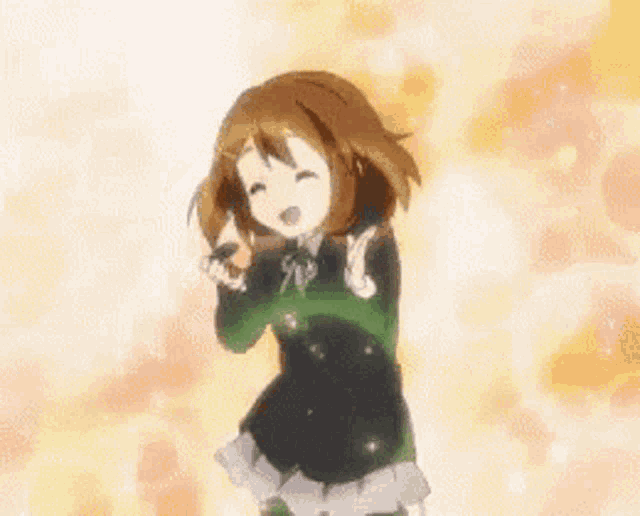 a cartoon girl is kneeling down and smiling while holding a microphone in her hand .