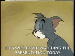 a cartoon of a cat with a sad look on his face is watching a presentation today .