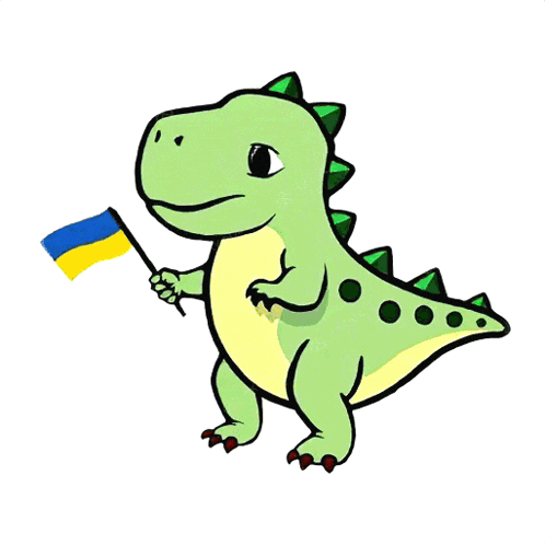 a cartoon dinosaur is holding a small blue and yellow flag