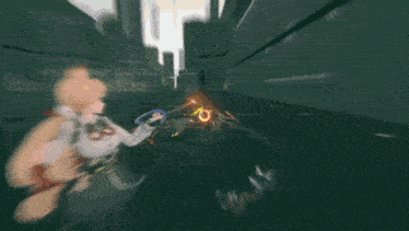 a video game character is being attacked by a giant sword