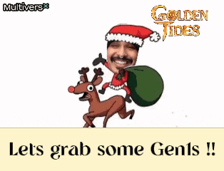 a man in a santa hat is riding a reindeer with a bag of presents