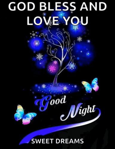 a good night message with a tree and butterflies