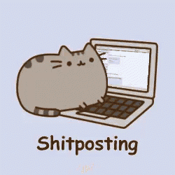 a cartoon cat is laying on top of a laptop with the word shitposting written below it