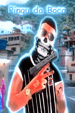 a man wearing a skull mask and sunglasses holds a gun in front of a sign that says pingu da boca