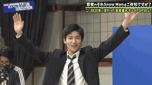 a man in a suit and tie is raising his arms in the air in front of a sign that says snow man