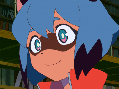 a close up of a cartoon character 's face with a bookshelf in the background