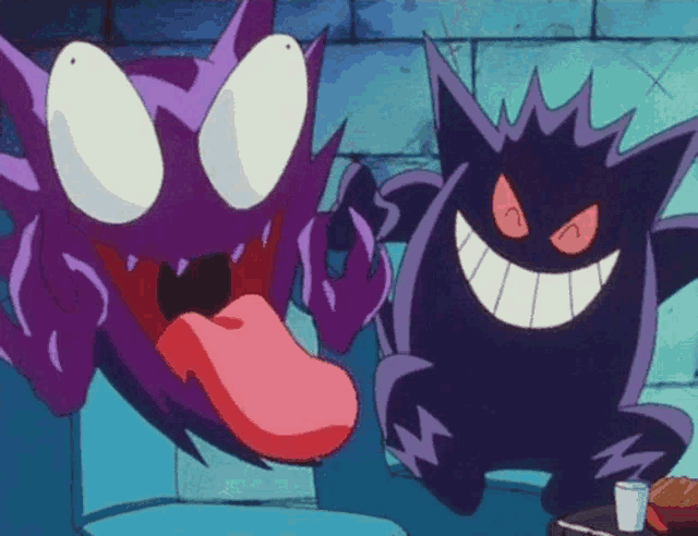 a purple cartoon character sticking its tongue out next to another cartoon character