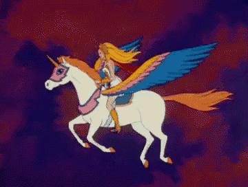 a cartoon of a woman riding on the back of a winged horse .