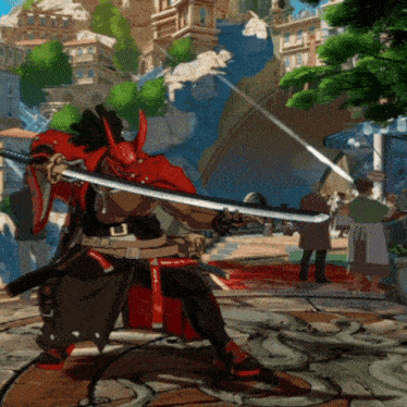 a video game character is holding a sword in front of a city