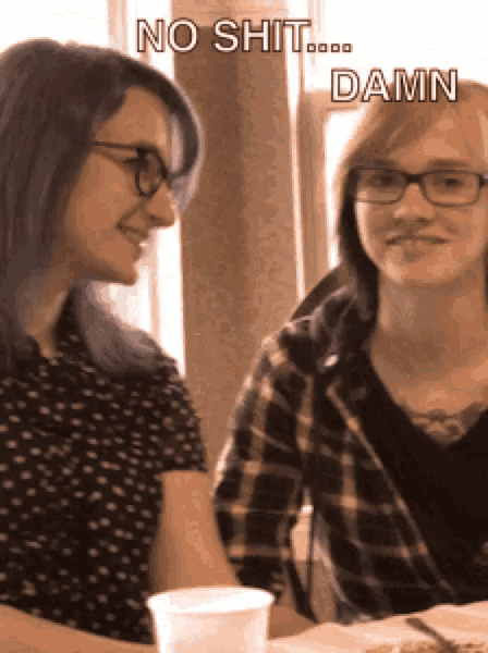 two women are sitting at a table with the words no shit damn written on the bottom