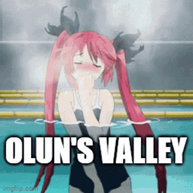 a girl in a bathing suit is standing in a pool with the words " olsun 's valley " above her