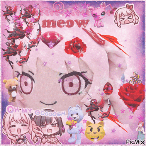 a collage of anime characters with the word meow on the bottom