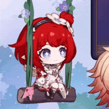 a cartoon girl with red hair is sitting on a swing .