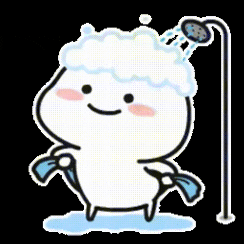 a cartoon character is taking a shower with soap on his head and holding a towel .