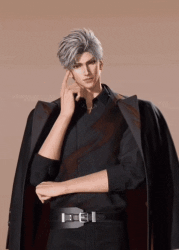 a man wearing a black shirt and a black jacket has a belt that says e on it