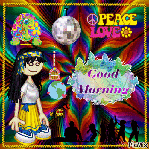 a picture of a girl with a disco ball and the words peace love