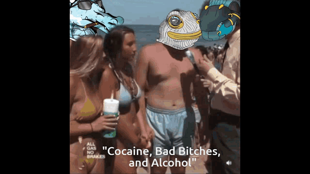 a man in a bikini is being interviewed by a man with a chameleon on his head