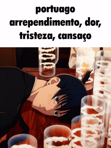 a cartoon of a boy laying on a table with glasses of beer