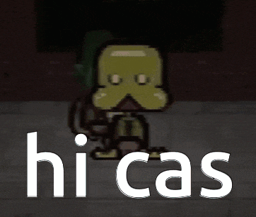 a cartoon character is standing next to a plant and the word hicas