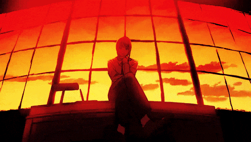 a drawing of a person sitting in front of a window with a sunset in the background