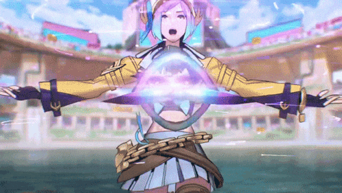 a girl with purple hair is holding a purple object in her hand