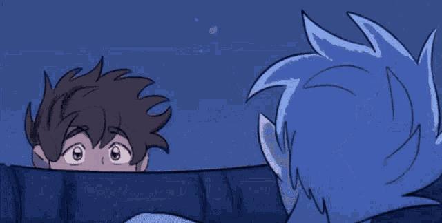 a cartoon of a boy and a girl looking at each other with their eyes closed .