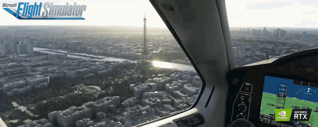 an advertisement for microsoft flight simulator shows a view of paris