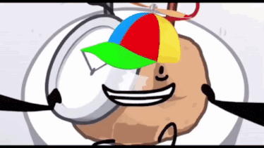 a cartoon drawing of a potato wearing a colorful hat and smiling