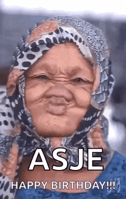 an older woman wearing a scarf on her head is making a funny face and wishing someone a happy birthday .