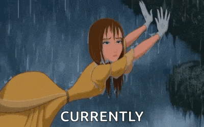 a cartoon of a woman in a yellow dress holding onto a tree in the rain .
