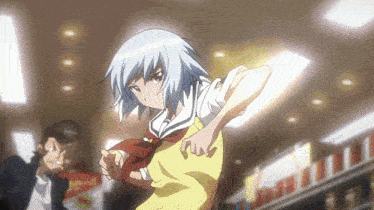 a girl with white hair and a yellow shirt is standing in front of a man