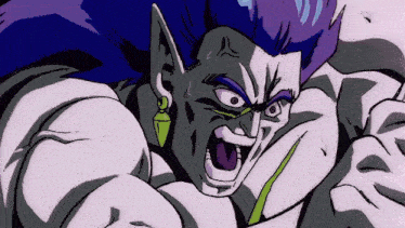 a cartoon character with a green earring and purple hair