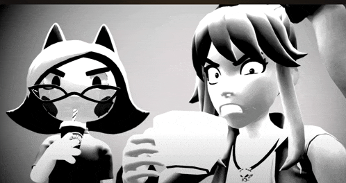 a black and white image of two cartoon characters one of whom is drinking from a cup