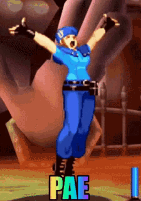 a video game character named pae is dancing in front of a large hand