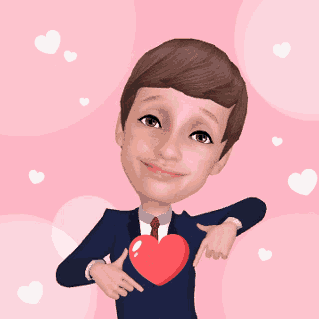 a cartoon boy in a suit and tie points to his heart