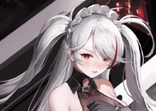a close up of a anime girl with pigtails and red eyes