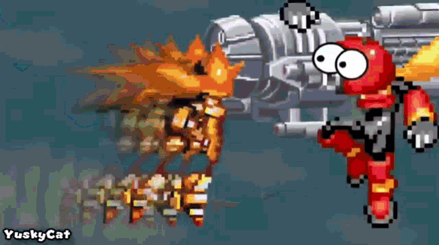 a pixel art of a cartoon character holding a gun