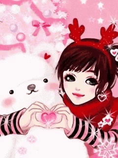 a girl with antlers on her head is making a heart with her hands next to a teddy bear