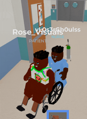 a cartoon of a nurse pushing a patient in a wheelchair with the name rose_visuals on the bottom