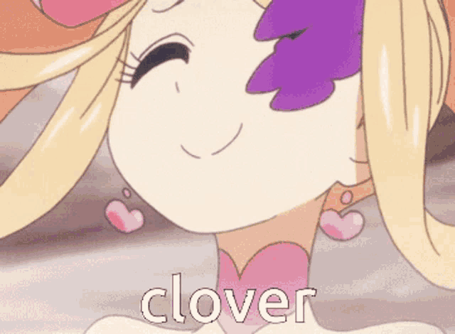 a close up of a cartoon girl with the word clover on the bottom