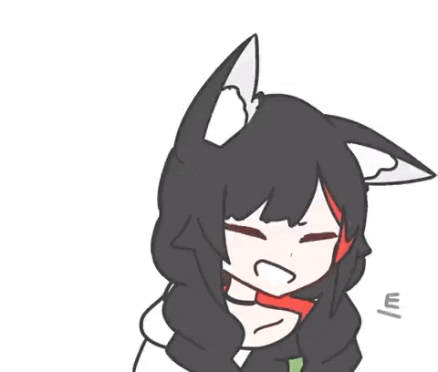 a cartoon girl with cat ears is laughing with her mouth wide open .