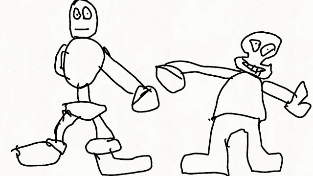 a black and white drawing of a man and a skeleton .
