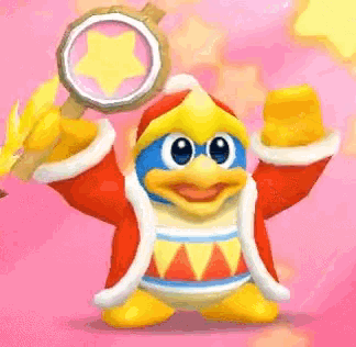 dedede from super mario bros is holding a magnifying glass in his hands .