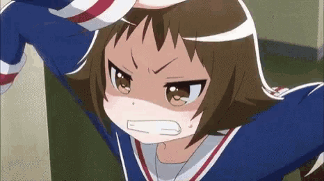 a cartoon girl is making a very angry face while holding her hand to her forehead .