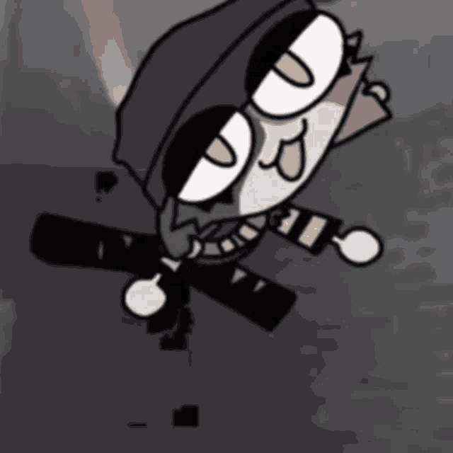 a cartoon character is flying through the air with a gun
